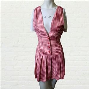 Chiori medium vintage red & white gingham pleated mini pinafore jumper dress